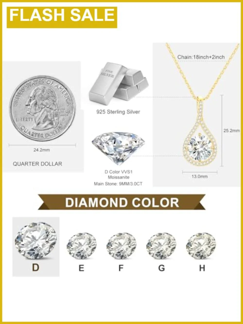 Moissanite Pendant Necklace 925 Sterling Silver 18K Gold Plated Gift for Women